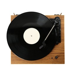 Modern turntable with vinyl record isolated on white, top view