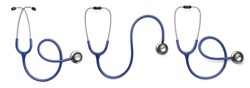 Set with stethoscopes on white background, top view. Banner design