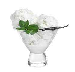 Delicious ice cream with mint and vanilla in glass dessert bowl isolated on white