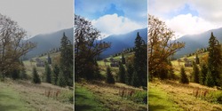 Photos before and after retouch, collage. Beautiful mountain landscape with conifer forest and village