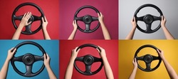 Collage with photos of women with steering wheels on different color backgrounds, closeup. Banner design