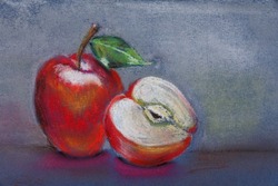 Pastel drawing of whole and cut red apples on color background