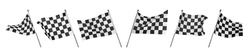 Checkered racing finish flags on white background, collage. Banner design