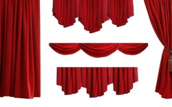 Set with beautiful red curtains on white background 
