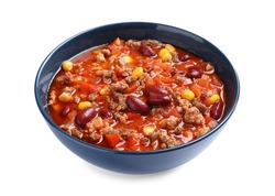 Bowl with tasty chili con carne on white background