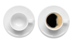 Cup with aromatic hot coffee and empty one on white background, top view. Banner design
