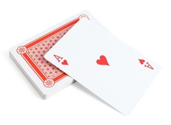 Playing cards and ace of hearts on white background