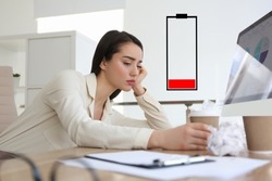 Illustration of discharged battery and tired woman at workplace in office. Extreme fatigue