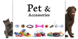Advertising banner design for pet shop. Cute dog, cat and different accessories on white background