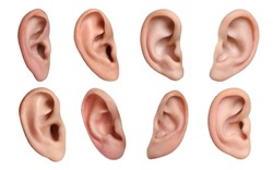 Human ears on white background, collage. Organ of hearing and balance