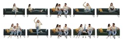 Collage with photos of people sitting on stylish sofas against white background. Banner design