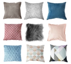 Set with different stylish decorative pillows on white background