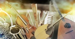 Creative banner design. Set of different musical instruments