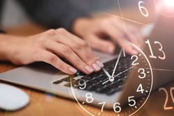 Multiple exposure of woman working on laptop, calendar and clock