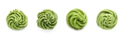 Set with spicy wasabi paste on white background, top view. Banner design