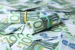 100 Euro banknotes as background, closeup. Money exchange
