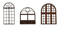 Beautiful wooden arch window frames on white background, collage. Banner design
