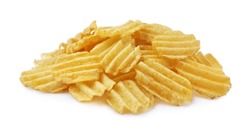 Heap of tasty ridged potato chips on white background