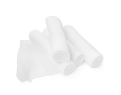 Medical gauze bandage rolls on white background