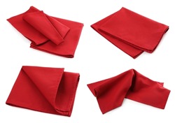 Set with red fabric napkins on white background