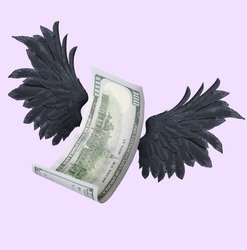 One hundred dollar banknote with wings on lilac background