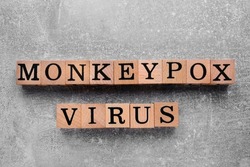 Words Monkeypox Virus made of wooden cubes with letters on light grey background, top view
