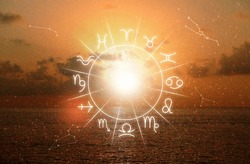 Zodiac wheel with 12 astrological signs and seascape on background