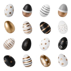 Set of beautifully decorated Easter eggs on white background