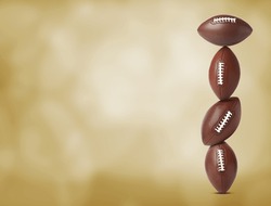 Stack of American football balls on gold background. Space for text