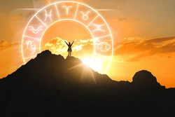 Zodiac wheel and photo of woman in mountains at sunset