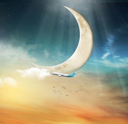 beautifull moon of ramadan with a plane in the sky 