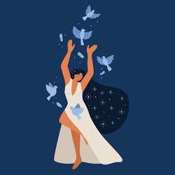 Beauty young woman in long white dress. Hand drawn blue flying birds. Girl power. Female cartoon character. Freedom concept. Vector illustration for Womens international day.