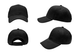 blank black baseball cap,hat 4 view on white background