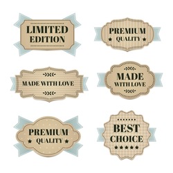 Best choice, limited edition, premium quality, made with love tags, vector labels with blue ribbons isolated on white background. Vintage style