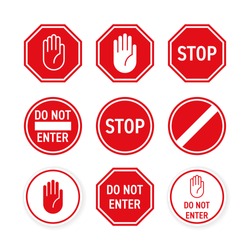 Stop road sign with hand gesture. Vector red do not enter traffic sign. Caution ban symbol direction sign. Warning stop sign for traffic information message isolated on transparent background