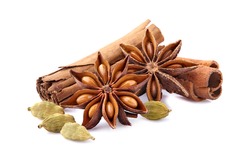 Cinnamon,  cardamom and  anise closeup on white background. Spices isolated.