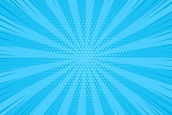 Pop art halftone background. Comic starburst pattern. Cartoon retro sunburst effect. Blue banner with dots and rays. Vintage duotone texture. Vector illustration. Superhero wow banner.