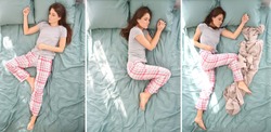 Beautiful woman sleeping in different positions on bed, top view