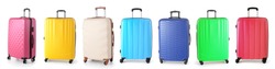Set of different suitcases on white background