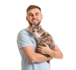 Man with cute cat on white background