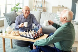 Elderly men playing chess at home