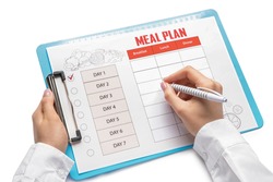 Woman making meal plan on white background