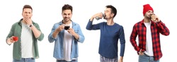 Young men drinking hot coffee on white background