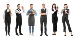 Female and male bartenders on white background
