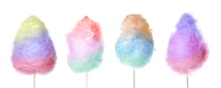 Set of tasty cotton candies on white background