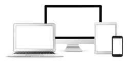 Set of modern devices with blank screens on white background