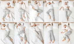 Young man sleeping in different positions in bed