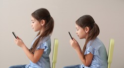 Little girl with bad and proper posture using mobile phone on grey background