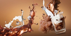 Glass with splashes of coffee, milk and ice cubes on color background