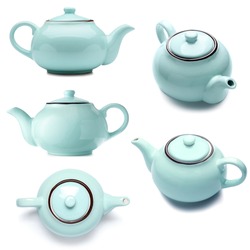 Set of blue teapot on white background